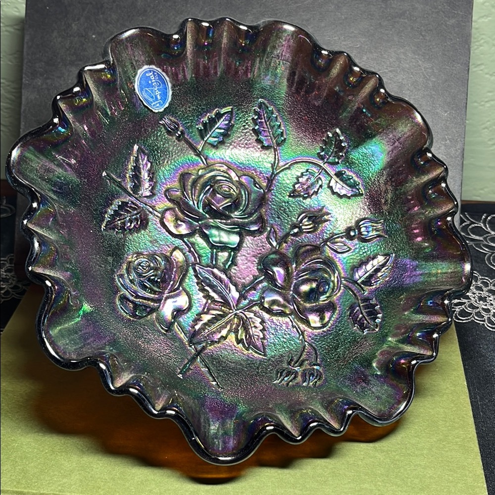 MCM Imperial Glass Roses Carnival Glass Bowl Original Sticker Excellent